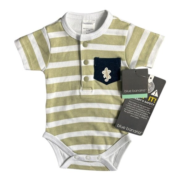 Kushies Blue Banana Short Sleeve Bodysuit Green White Stripes Snaps -New Born - Picture 1 of 7